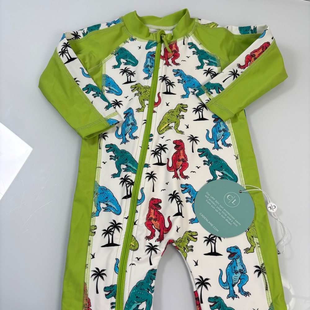 Caden Lane Kids 6-12M Green Dinosaur Rash Guard One Piece Swimsuit NWT UPF 50+